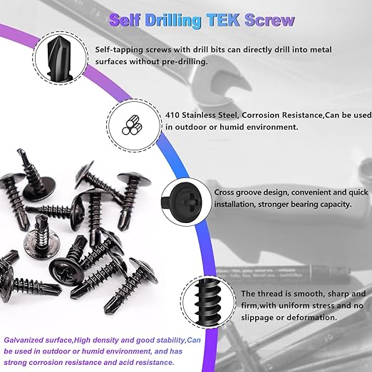 mxuteuk #8 Self Tapping Screws,410 Stainless Steel Self Tapping Screws for Metal,Modified Truss Head Self Drilling Screw (1/2",5/8",3/4",1",1-1/4") Sheet Metal Screw for Metal (115PCS)