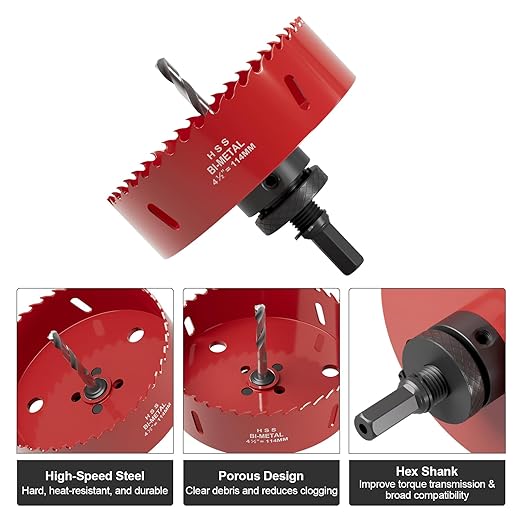 4-1/2" (114mm) Bi-Metal M42 High Speed Steel Hole Saw with Pilot Drill Bit, Smooth Cutting Edge for PVC, Drywall, Wood, Plastic, Gypsum Board, Rubber, Thin Metal