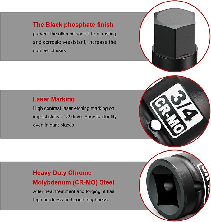 1/2" Drive H3/4-Inch Impact Hex Bit Socket, SAE Allen Bit Socket, Cr-Mo Steel, Removing Loosening Hexagon Bolts