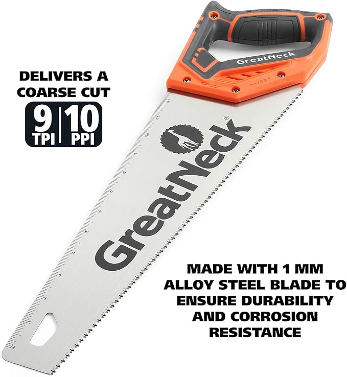 15 Inch Handsaw, Aggressive Tooth Hand Saw for Wood Cutting, Alloy Steel 9 TPI Blade, Anti-Slip Composite Handle, Ruler on Blade for Accurate Cuts, GreatNeck 74001 Hand Saw