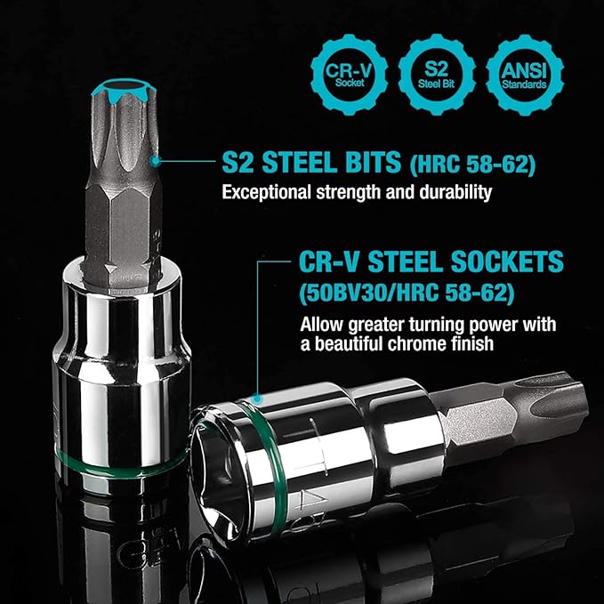 DURATECH Allen Bit Socket Set, 3/8'' Drive Torx, 21-Piece, Premium CR-V Socket and S2 Bits, Metric&SAE