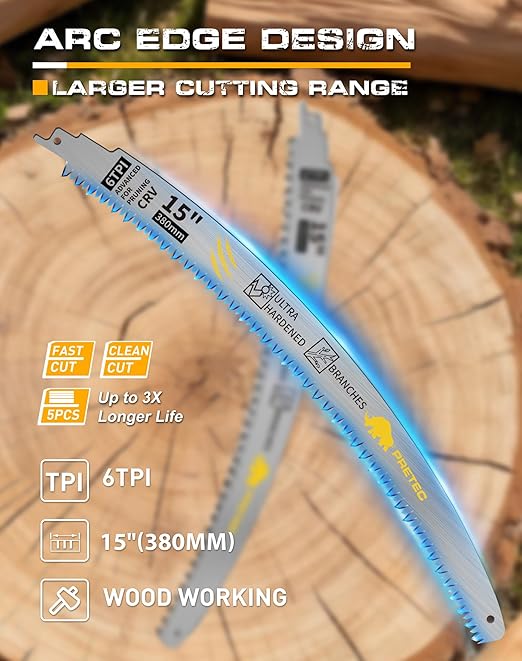 Japanese Teeth Reciprocating Saw Blades 15 Inch, Arc Edge Wood Pruning Reciprocating Saw Blades 6TPI Tree Trimming, Wood Cutting, Cr-V Reciprocal Saw Blades Better Wear Resistance, (5 Pack)