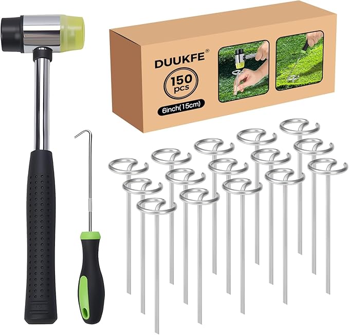 Garden Staples, 150pcs G-Shaped Landscape Stakes, Heavy Duty Weed Barrier Stakes Lawn Staples with Staples Remover and Mallet, Yard Stakes for Lawn Edging, Ground Cover, Outdoor Gardening Projects