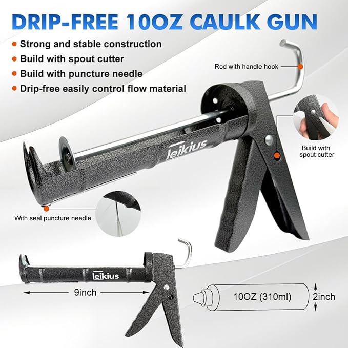 Caulk Gun,No-drip Silicone Caulking Gun, Caulking Tools Grout Scraper&Putty Knife For Kitchen Bathroom Sink Joint,With Gift Box Works 10 OZ Tubes Black-siliver