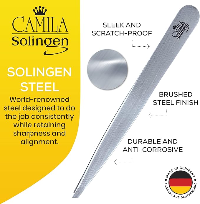 CS25 4" Professional Surgical Grade Stainless Steel Precision Tip Eyebrow Tweezers for Facial Hair Shaping & Removal. Beauty Tool for Men/Women. Made in Solingen Germany (Slanted)