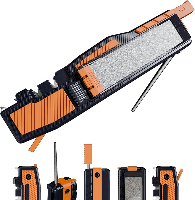 Orange Ninja Pocket Knife Sharpener with Guided Diamond Whetstones ??8-in-1 Tool Sharpener for EDC, Outdoor, Hunting & Camping Knives - Includes Diamond Rod, Leather Strop & Fire Starter