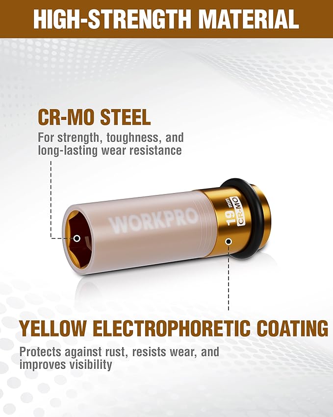 WORKPRO 1/2" Drive Lug Nut Impact Duty Socket, 19mm Deep Thin Wall Socket, Made of Premium Cr-Mo Steel, Non-Marring Lug Nut Wheel Sockets for Car