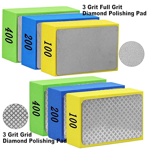 6pcs Diamond Hand Polishing Pads Foam Backing Sanding Blocks, Diamond Polishing Pads for Ceramic Tile Glass Stone Wood Marble Metal Grinding, Foam Sanding Pads 100#,200#,400#