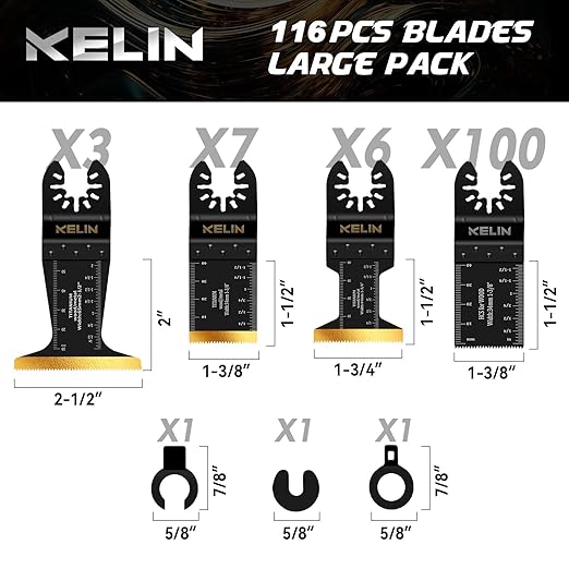 KELIN 116-Piece Oscillating Multi Tool Blades Kit, 4 Types Titanium Saw Blades for Wood, Metal, Drywall, Pipes ??Fits Dewalt, Bosch, Milwaukee & 98% Oscillating Tools