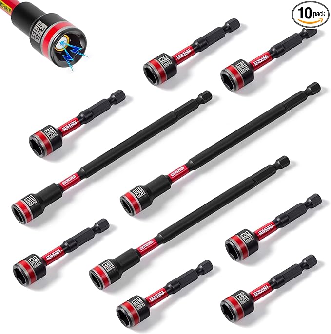Impact Nut Driver Set, 10 Pieces 2.56???쒵ong 3/8?? Point Alloy Steel Magnetic SAE Nut Setter Set Use For Require Installing 1/4 Hex Shank Impact Driver with Case Box