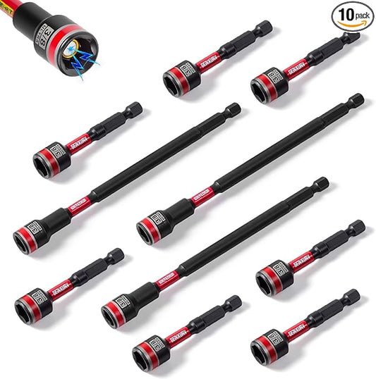 Impact Nut Driver Set, 10 Pieces 2.56???쒵ong 3/8?? Point Alloy Steel Magnetic SAE Nut Setter Set Use For Require Installing 1/4 Hex Shank Impact Driver with Case Box