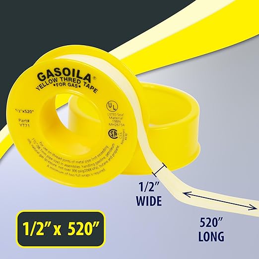 Gasoila Yellow PTFE Thread Seal Tape ??Professional-Grade, 1/2 Inch x 520 Inch, High-Density Thread Tape for Gas Lines ??Leak-Proof Seal, Non-Toxic