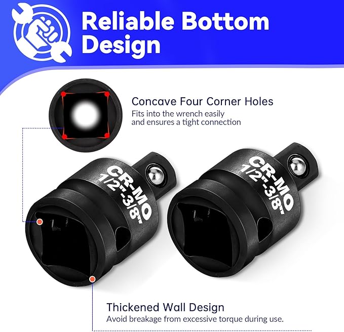 1/2" Female to 3/8" Male Impact Socket Adapter Reducer Set, 2 Pcs Chrome Molybdenum Steel Driver Conversion Adapters, for Sockets and Impact Wrench
