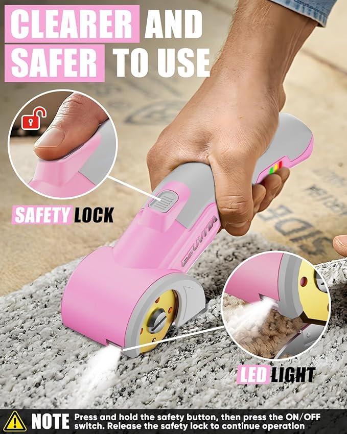 4V Cordless Electric Scissors with LED Light, Rechargeable Cardboard Box Cutter, Wrench & Titanium-Coated Replacement Blade for Fabric, Leather, Carpet & Plastic(Pink & Grey)
