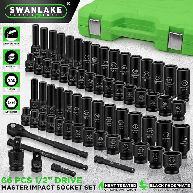 SWANLAKE 1/2" Drive Impact Socket Set, 66-Piece Standard SAE (3/8"-1-1/4") and Metric (8-24mm) Size, 6 Point, Cr-V, 1/2-Inch Drive Ratchet Handle, Extension Bar, Impact Universal Joint