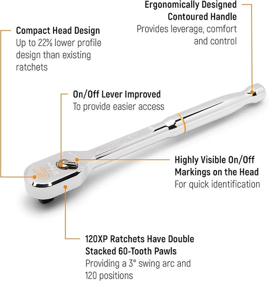 GEARWRENCH 1/2" Drive 120XP Full Polish Chrome Flex Head Teardrop Ratchet | 81306XP