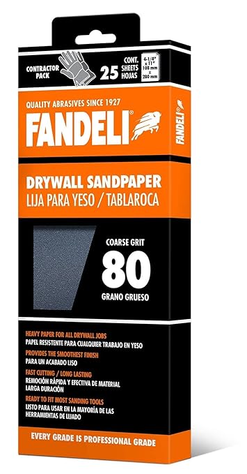 Fandeli | Multi-Purpose Sanding Paper | Grit 80 | 25 Sheets of 4-1/4 in.x 11 in | Perfect for Sanding Drywall | Hand Sanding | Orbital Sanders