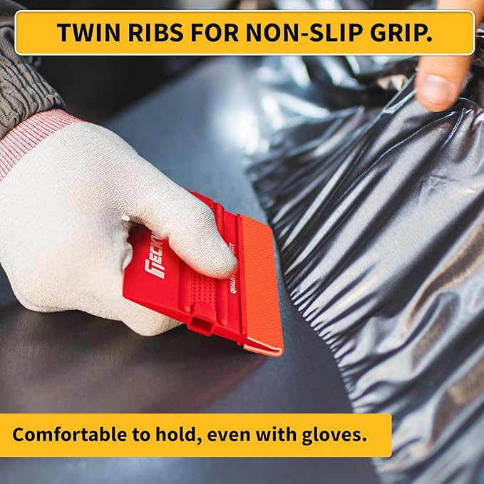 TECKWRAP Felt Squeegee for Vinyl Wrap, 2 Hardness Options Vinyl Scraper Tool with Anti-Slip Twin Ribs & Dual-Corner Design for PPF, Tint & Decals (Yellow 40A / Red 60A)