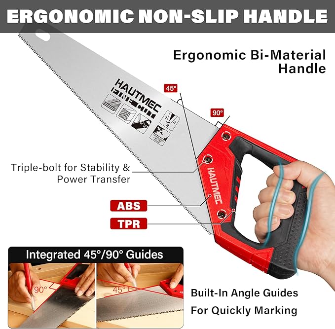 HAUTMEC 20" Universal Hand Saw, 8 TPI Triple-Ground Teeth, Low-Friction Blade, Ergonomic Handle with 45° & 90° Markers, Pro Handsaw for Wood, Plywood, Plastic, Tree Branch Cutting – HT0025