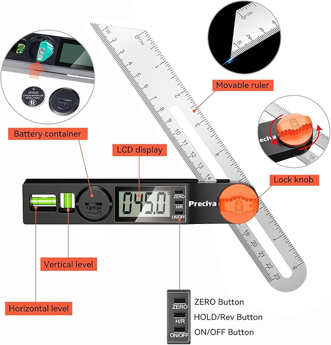 Preciva T-Bevel Gauge & Protractor with Horizontal and Vertical Bubble,0-338° Digital Angle Finder Protractor 230mm/8inch Display for Carpentry Woodworking, Metalworking, Construction