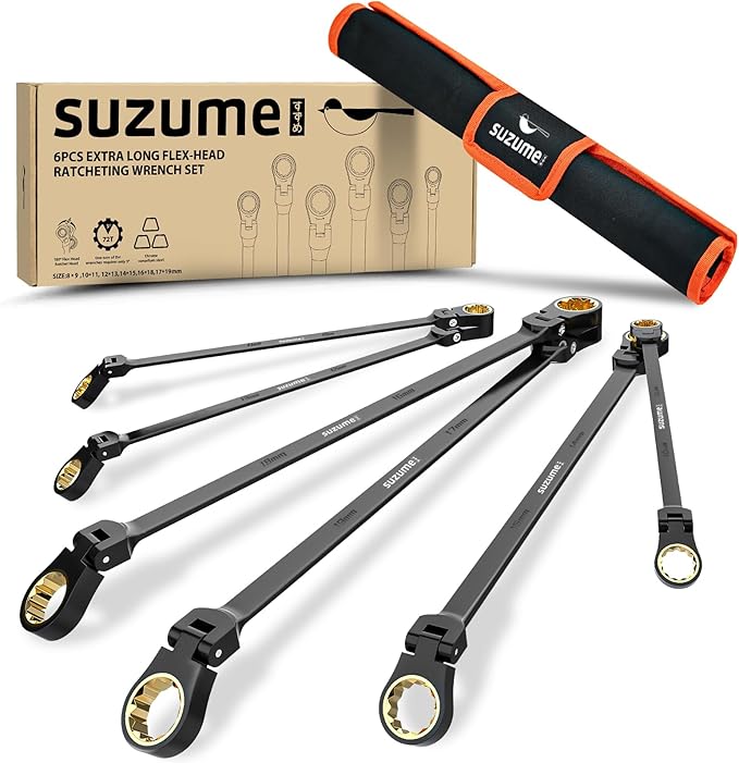 SUZUME Extra Long Flex Head Ratcheting Wrench Set 6PCS (8-19mm) Double Box End Metric EVA Foam 180째 Flexible Head 15K Gear Cycles Tested Black Chrome Finish CR-V Steel for Tight Engine Bays with Pouch