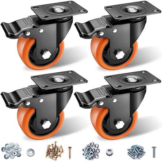 Casters, 3" Caster Wheels, Orange Polyurethane Castors, Top Plate Swivel Wheels, Casters Set of 4, Locking Casters for Furniture and Workbench, Heavy Duty Casters, 4 Pack Casters with Brake