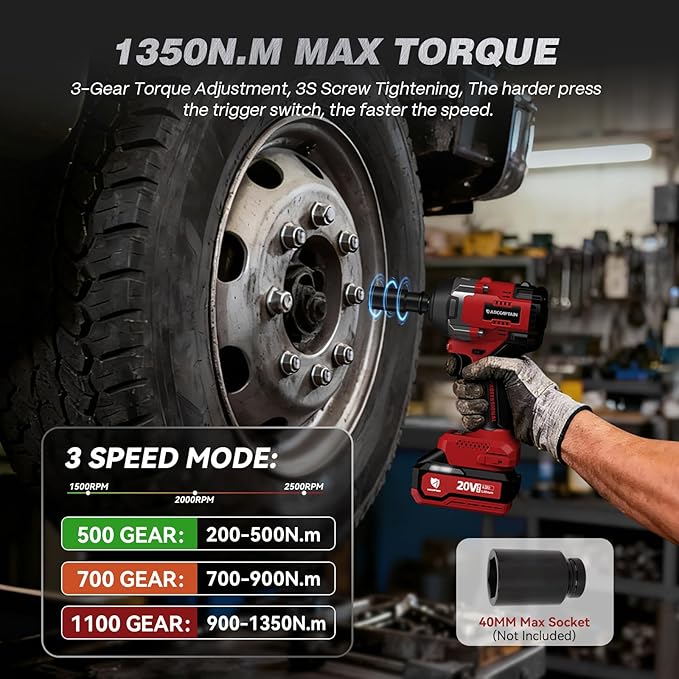 ARCCAPTAIN Cordless Impact Wrench, 1000Ft-lbs (1350N.m) 1/2" High Torque Impact Gun, 15C High-Rate 2x4.0Ah Batteries, 20V Power Impact Driver, Supports Up to 40mm Socket for Heavy Truck/Car/Pickup