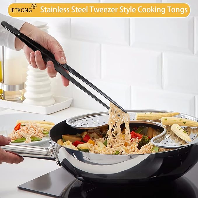 JETKONG Kitchen Tweezers Stainless Steel Food Tweezers Professional Chef Tweezer Kitchen Tools, Set of 3 (7 9 12 Inch, Black)