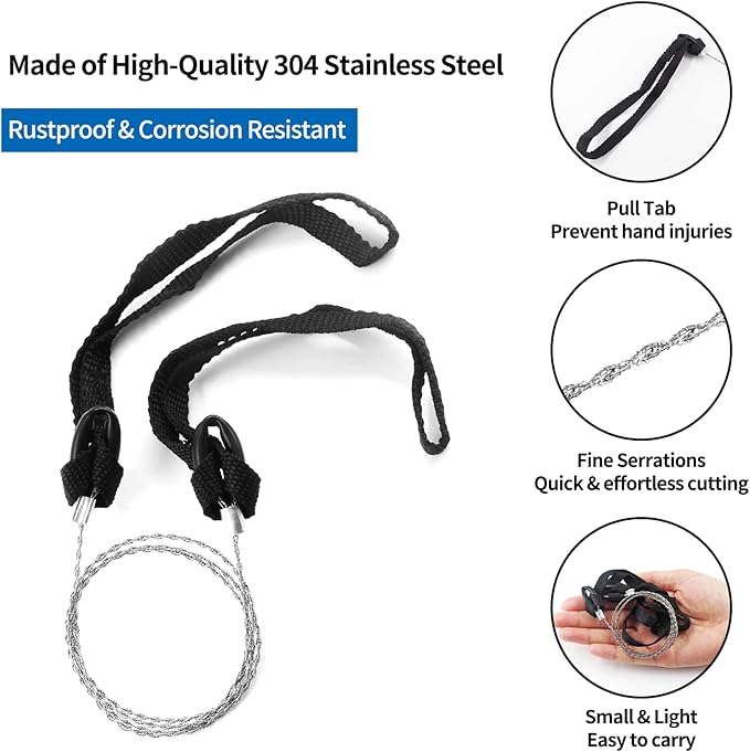 Bivethoi 3 Pack Stainless Steel Wire Saw Emergency Kit, Camping Mini Backpacking Cable Cutting String Bone Rope, Travel Chainsaw for Wood Cutting Hiking Hunting (Rope Handle)