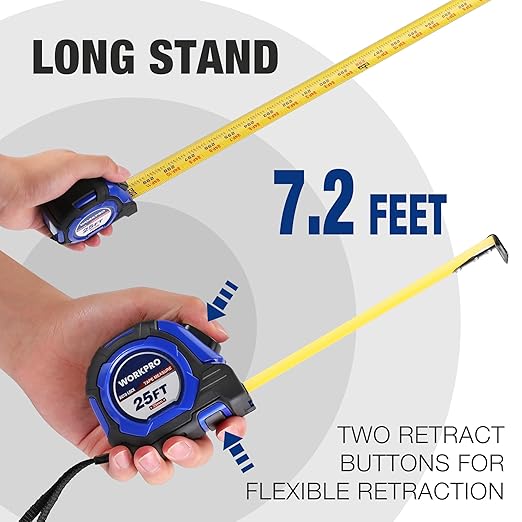WORKPRO 25FT Auto-Lock Tape Measure, 1/8 Fractions Easy Read Measuring Tape, Double Retract Measurement Tape Accuracy 1/32 for Engineer,with Magnetic Hook, Rubber Protective Casing