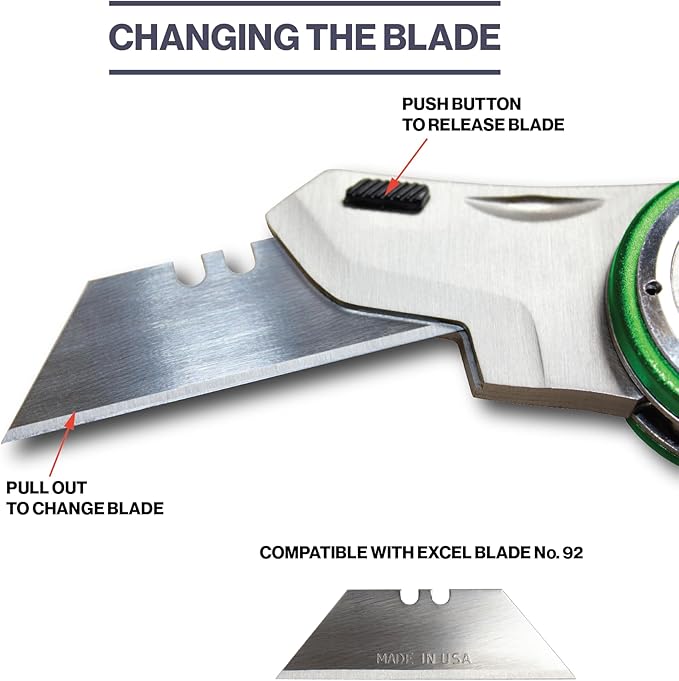 Excel Blades Revo Folding Utility Knife ??Heavy-Duty Box Cutter with Aluminum Body, Quick-Change #92 Blades, 3 Lock Positions Design, Anti-Slip Finger Loop Grip, Holster Included ??Green