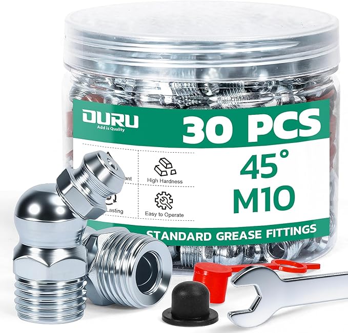 30PCS M10 Grease Fittings Kit, METRIC Zerk Grease Fittings 45 Degree with Grease Fitting Caps & Wrench Kit(10mm) for Grease Gun
