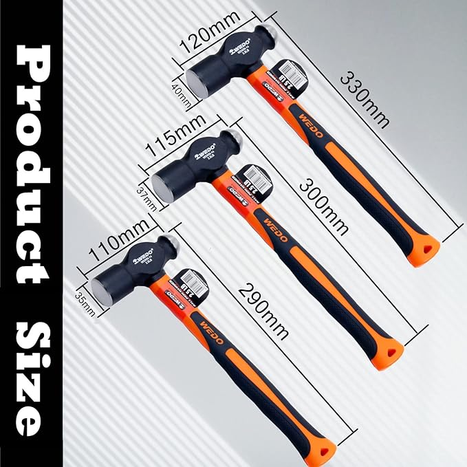 WEDO Ball Peen Hammer Set,with Fiberglass Handle,3 Piece,1lb,1.5lb,2lb,Ball Pein Hammer kit, High Carbon Steel,Shock Resistant, Non-Slip Handle, Die-forged