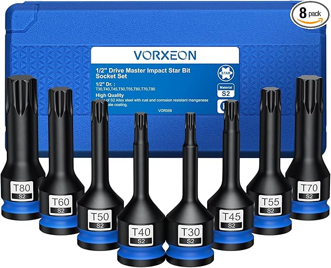 8 Pcs 1/2" Drive Torx Star Impact Bit Socket Set S2 Alloy Steel One-piece forged With Storage Case T30, T40, T45, T50, T55, T60, T70, T80