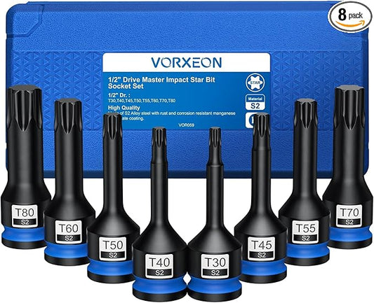 8 Pcs 1/2" Drive Torx Star Impact Bit Socket Set S2 Alloy Steel One-piece forged With Storage Case T30, T40, T45, T50, T55, T60, T70, T80