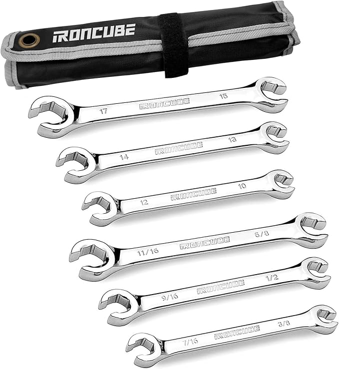 ironcube Flare Nut Wrench Set: 6-piece SAE & Metric Line Wrench Set for Removing or Replacing Nuts on Fuel, Brake or Air Conditioning Lines, Organizer Pouch Included
