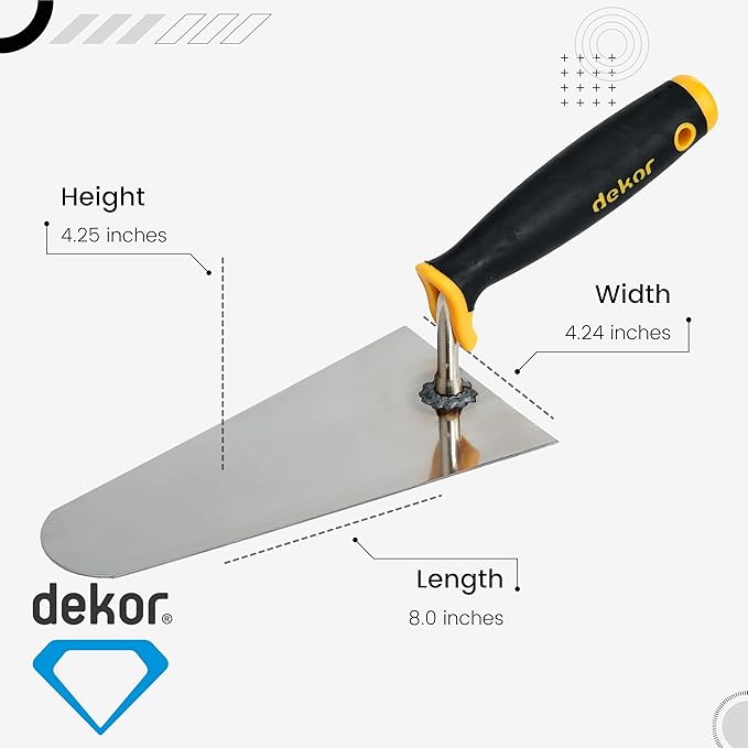 DEKOR Plaster and Brick Trowel - Size 8" - German Stainless Steel Ensures Rust-Free Performance for Masonry Tools, Bricklaying, Plastering - Commercial and DIY Use - Made in Europe - Soft Grip