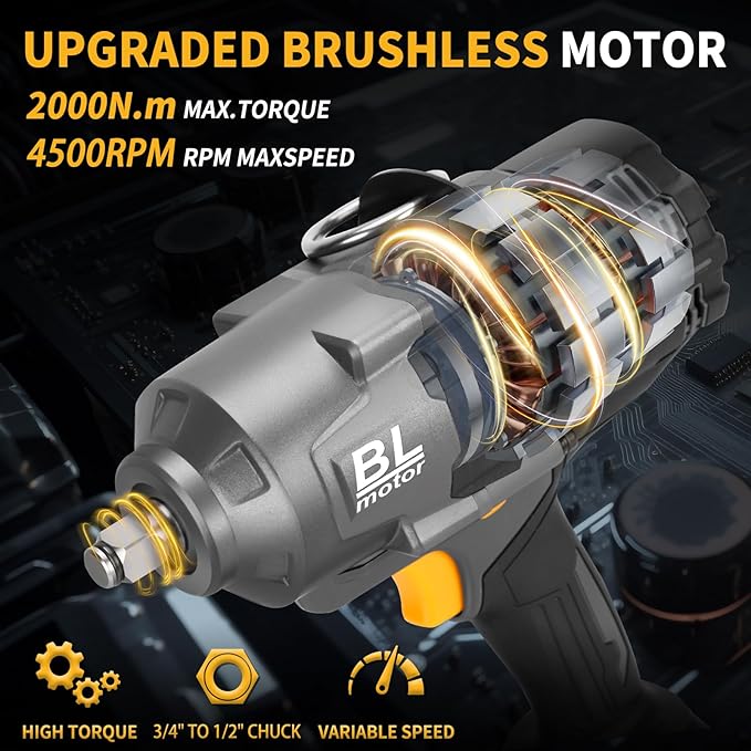 1500Ft-lbs 1/2" Cordless Impact Gun, 2000Nm Impact Wrench with 2 x 6.0Ah Battery & 5 Socket, 21V Brushless High Torque Electric Pistolas de Impacto, Llave de Impacto for Heavy Truck Mower