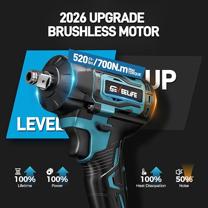 GEVEELIFE Impact Wrench 520Ft-lbs(700N.m) Brushless, 1/2 Impact Gun with 2x4.0Ah Battery, Cordless Impact Wrench, 6 Sockets, 8 Drill Bits, 3300RPM Power Electric Impact Driver for Car/DIY Furniture