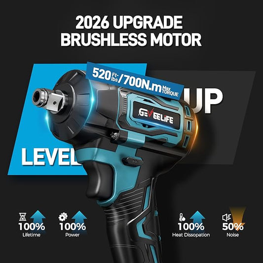 GEVEELIFE Impact Wrench 520Ft-lbs(700N.m) Brushless, 1/2 Impact Gun with 2x4.0Ah Battery, Cordless Impact Wrench, 6 Sockets, 8 Drill Bits, 3300RPM Power Electric Impact Driver for Car/DIY Furniture