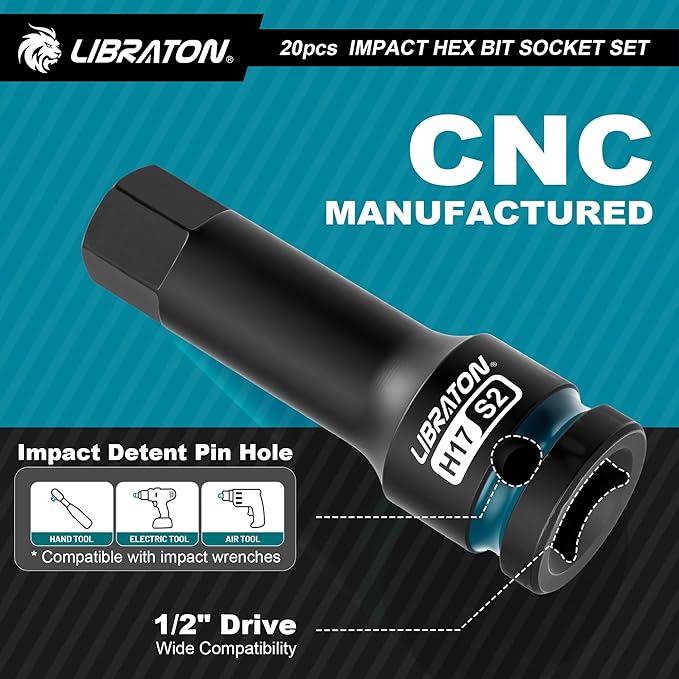 LIBRATON Impact Hex Bit Socket Set, 1/2" Dr, S2 Steel, Metric & SAE 20PCS (H5-H19 & 1/4"-3/4") High Torque Sockets for Professional Mechanics & Automotive Repair (XPE Storage Cases)