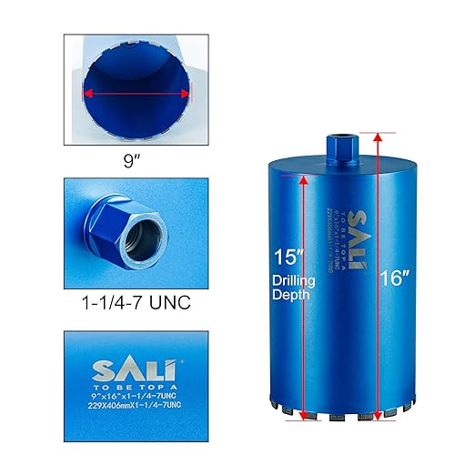 SALI Wet Diamond Core Drill Bits 9"/229mm Diameter, 15"/380mm Drilling Depth Concrete Core Drill Bit, 1-1/4-7" Thread Core Bit Turbo Laser-Welded Segments with Rebar, Brick, Block, Masonry, Stone