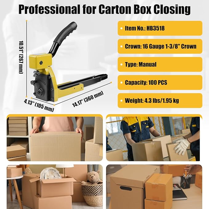 HB3518 Manual Carton Closing Stapler, 16 Gauge 1-3/8-Inch Crown, 3/4-Inch Length Carton Staples, Carton Stapler, Corrugated Carton Staple Gun for Closing Cartons Folding Boxes