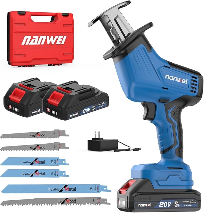 NANWEI Reciprocating Saw, Brushless Motor,Cordless Reciprocating Saw with 2PCS Batteries,Low Vibration Quiet Operation, LED Light, Variable Speed, for Wood/Metal/PVC Cutting (With Batteries)