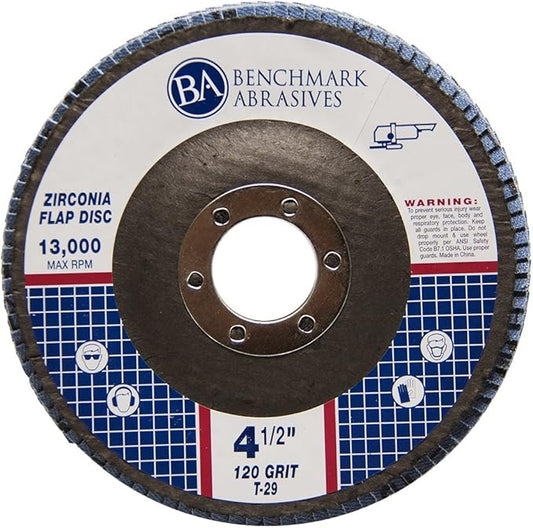 Benchmark Abrasives 4.5" x 7/8" Premium Zirconia T29 Angled Flap Discs 4 1/2 for Angle Grinder, Sanding Discs, Finishing, Rust, Stock Removal- Grinding Wheels 4 1/2 Inch (100 Pack) - 120 Grit