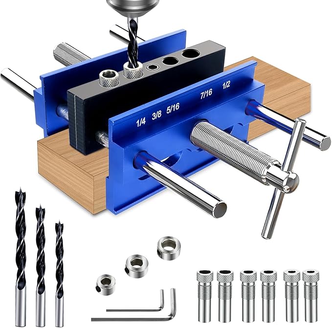 Self Centering Dowel Jig Kit, Drill Jig for Straight Holes Biscuit Joiner Set, Adjustable Drilling Guide Wood Working Tools with 3 Drill and 6 Drill Guide Bushings, Wood Doweling Jig for Woodworking