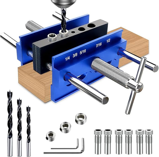 Self Centering Dowel Jig Kit, Drill Jig for Straight Holes Biscuit Joiner Set, Adjustable Drilling Guide Wood Working Tools with 3 Drill and 6 Drill Guide Bushings, Wood Doweling Jig for Woodworking