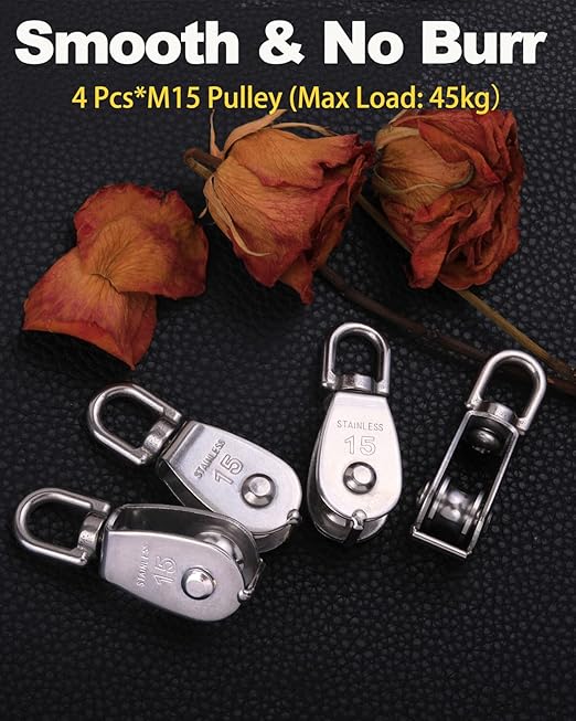 Rocaris 4 Pack M15 Lifting Single Pulley Block 304 Stainless Steel Crane Swivel Hook Double Pulley Roller Loading