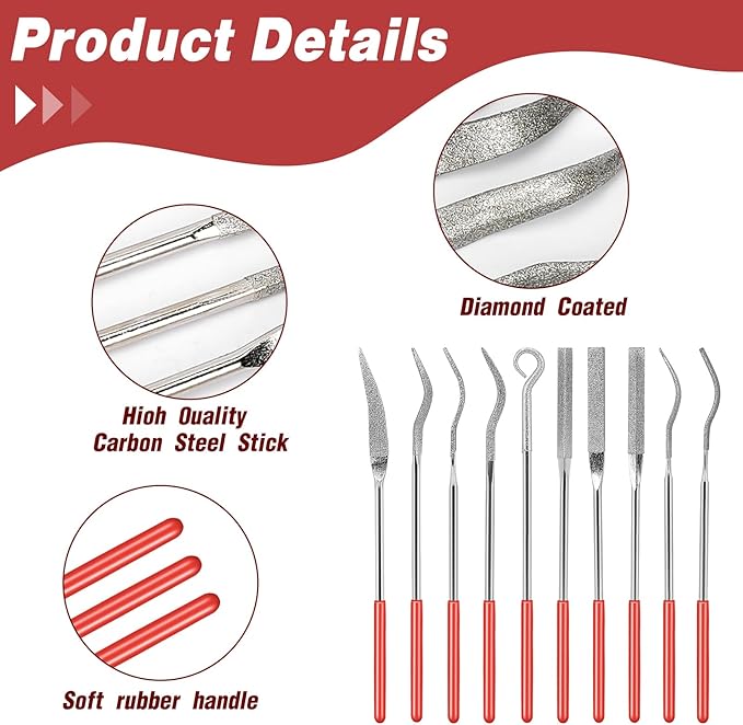KALIONE 10Pcs Small File Set Diamond Needle File Set, Curved Files Tool, Mini Metal File Diamond File, Miniature and Model Files, File Jewelry Stone Carving Tools(140mm/5.5inch)