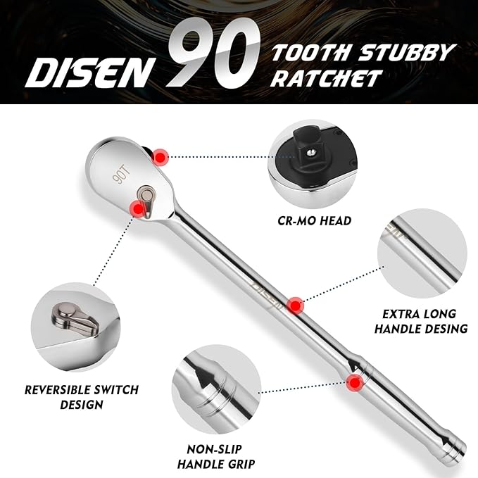 DISEN 3PCS Long Drive Ratchet Handle,1/2'',1/4'',3/8'' 90 Tooth Ratchet Wrench with Dust Proof Teardrop Enclosed Head, Reversible, CR-V Steel Made, CR-MO Head, Full Polished, Gifts for Men